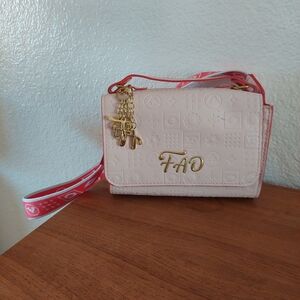 FAO Embossed Pale Pink Crossbody Bag with Red Strap